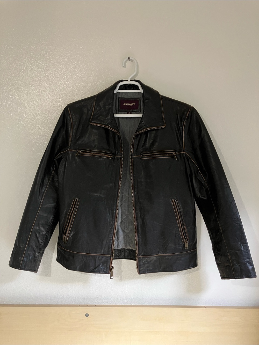 Johnston & Murphy Black Leather Bomber Jacket with Brown Stitching